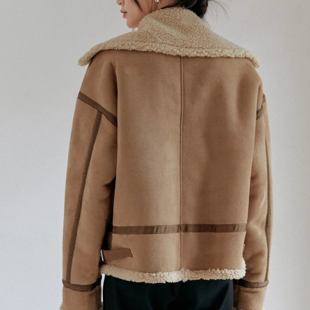 khaki zip up teddy lined coat casual streetwear fall winter - Picture 6 of 8